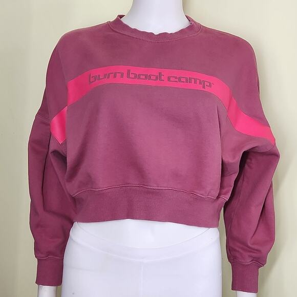 Burn Boot Camp Pullover Crew Neck Crop Sweatshirt Womens XS Pink Cotton Casual - Picture 1 of 9